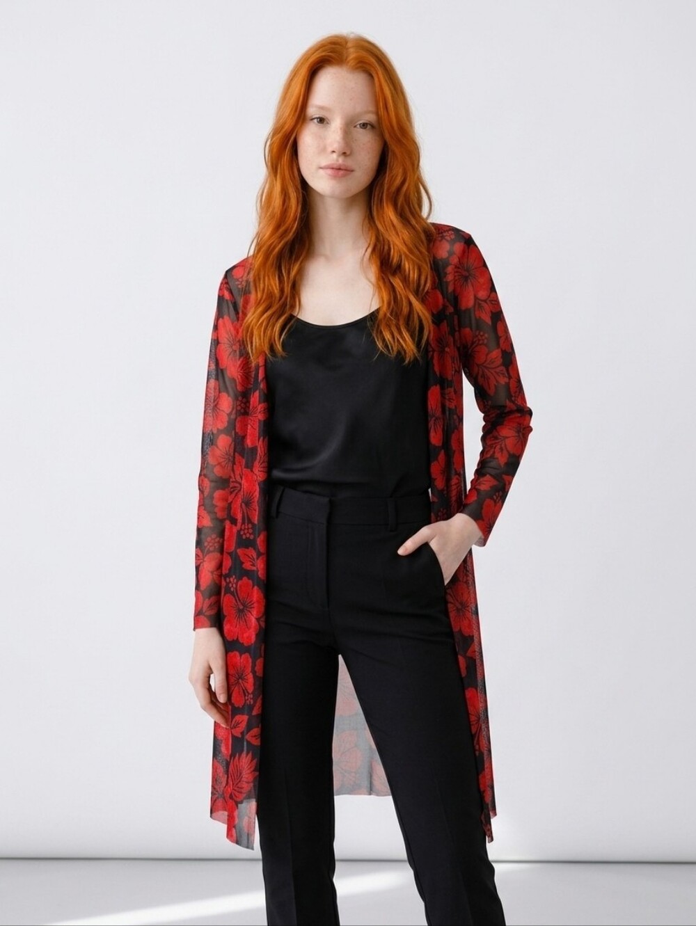 Sheer Duster Cardigan Kimono Black & Red